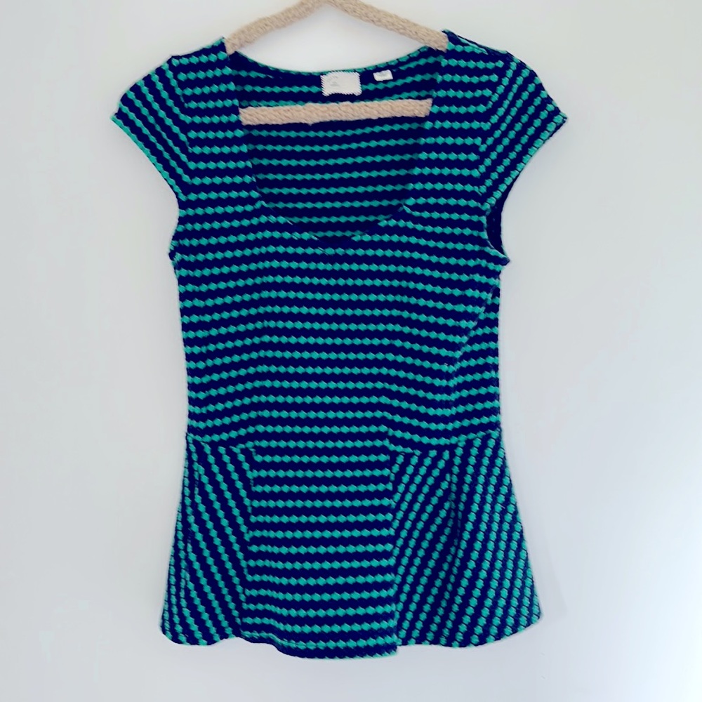 Anthropologie Postmark 9-H15 STCL Sweetheart Peplum Top Navy Stripe Size XS $78